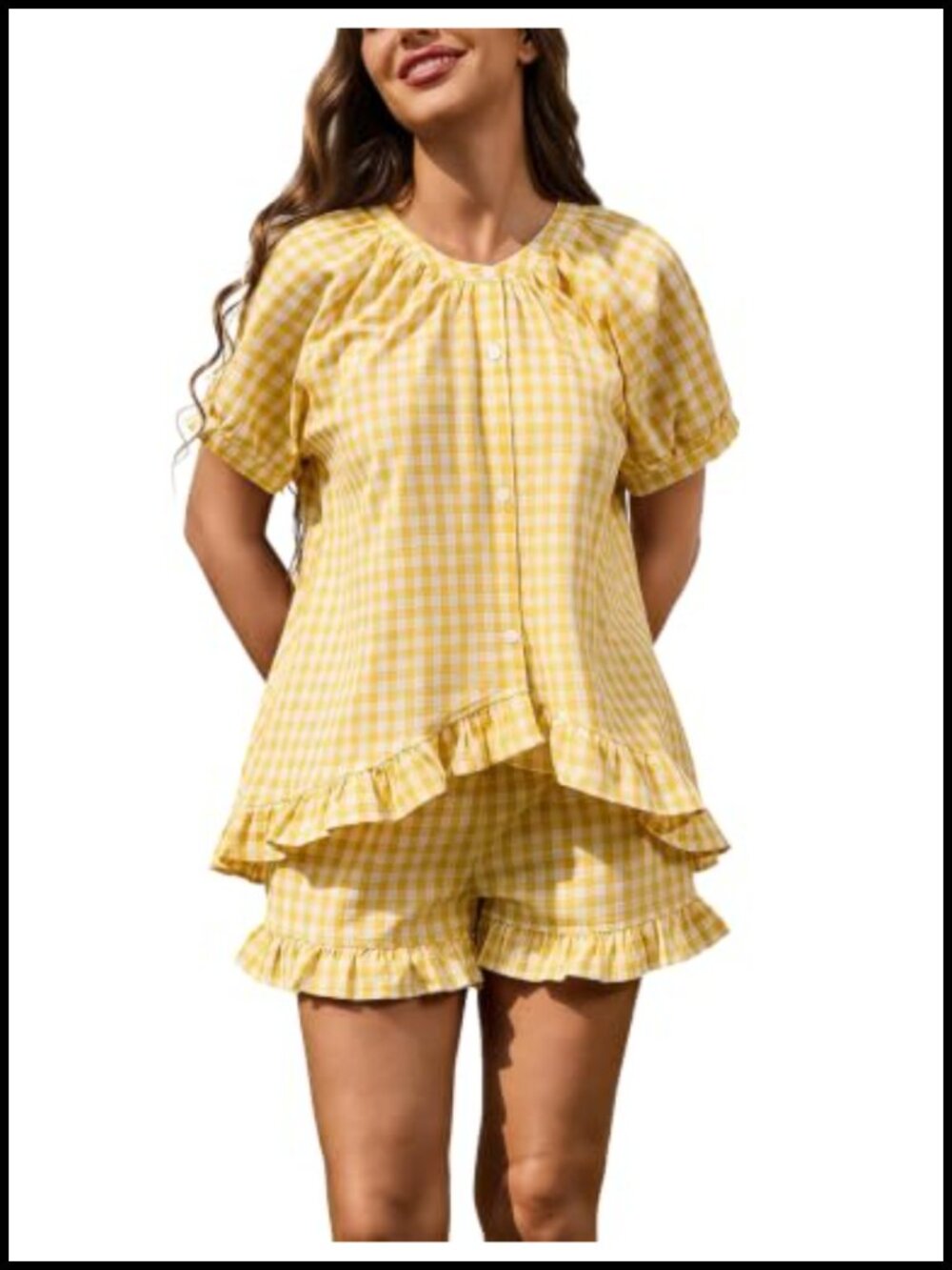 SEEKJOY Cotton Gingham Pajama Set Short Sleeve Button Down Ruffle Loungewear